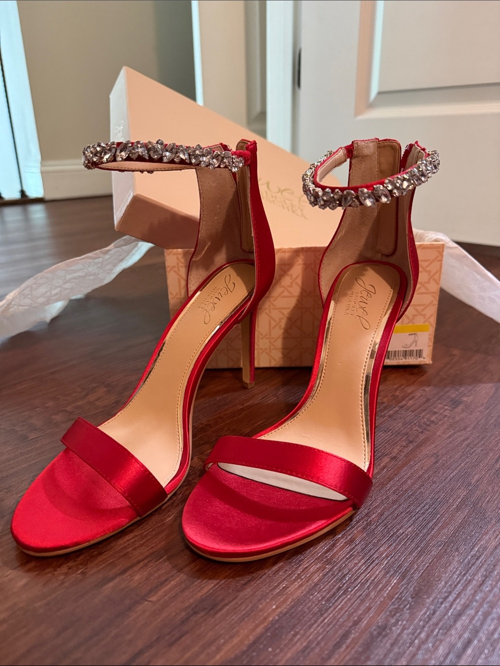 Red Satin Ankle-Strap Heeled Sandals with Crystal Embellished Strap